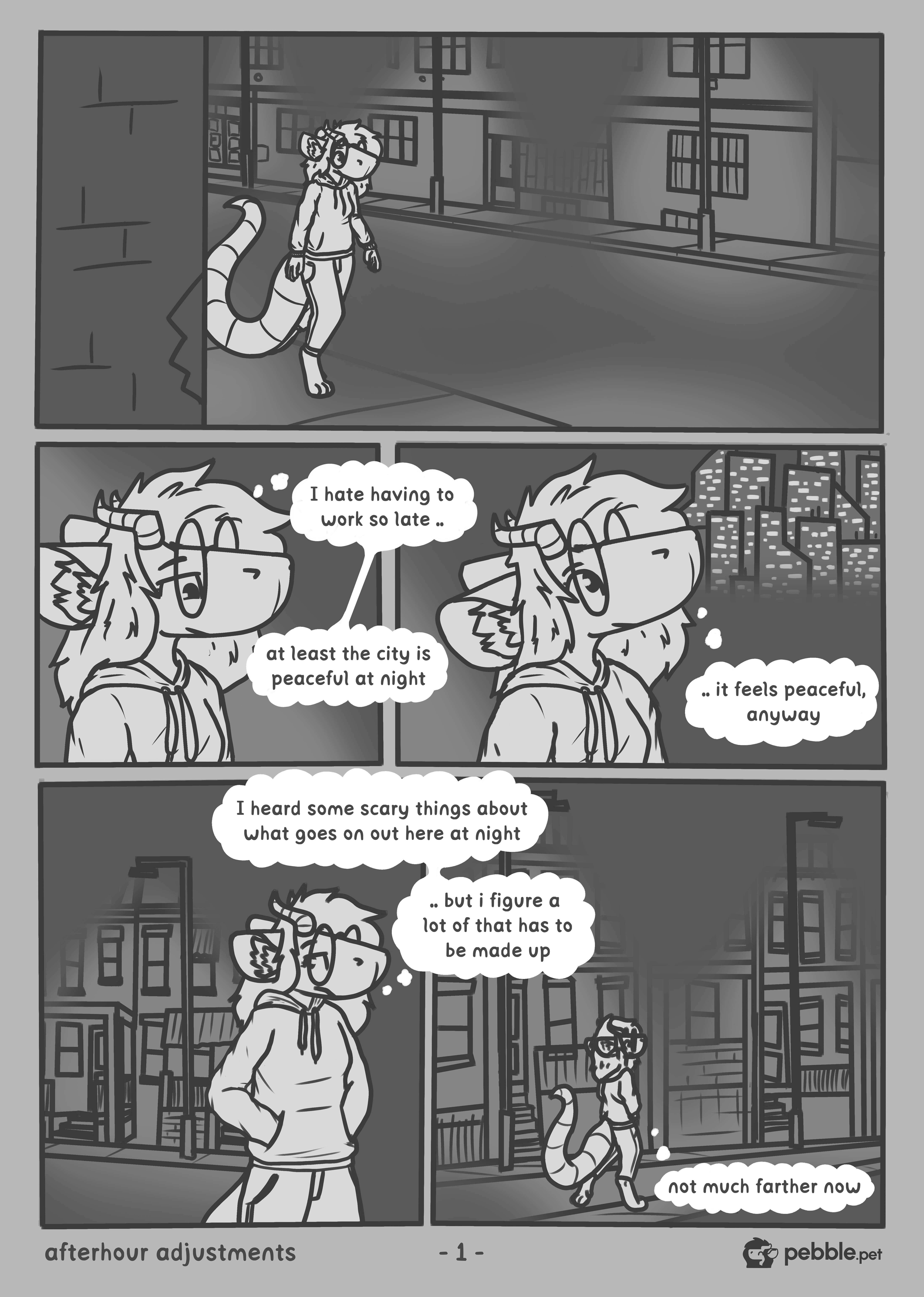 The first iteration of the first page of Afterhour Adjustments. Unlike the final version, the lines are thick, and the entire page is just shades of gray, with pebble appearing entirely white. It's very simple and minimal compared to the final version.