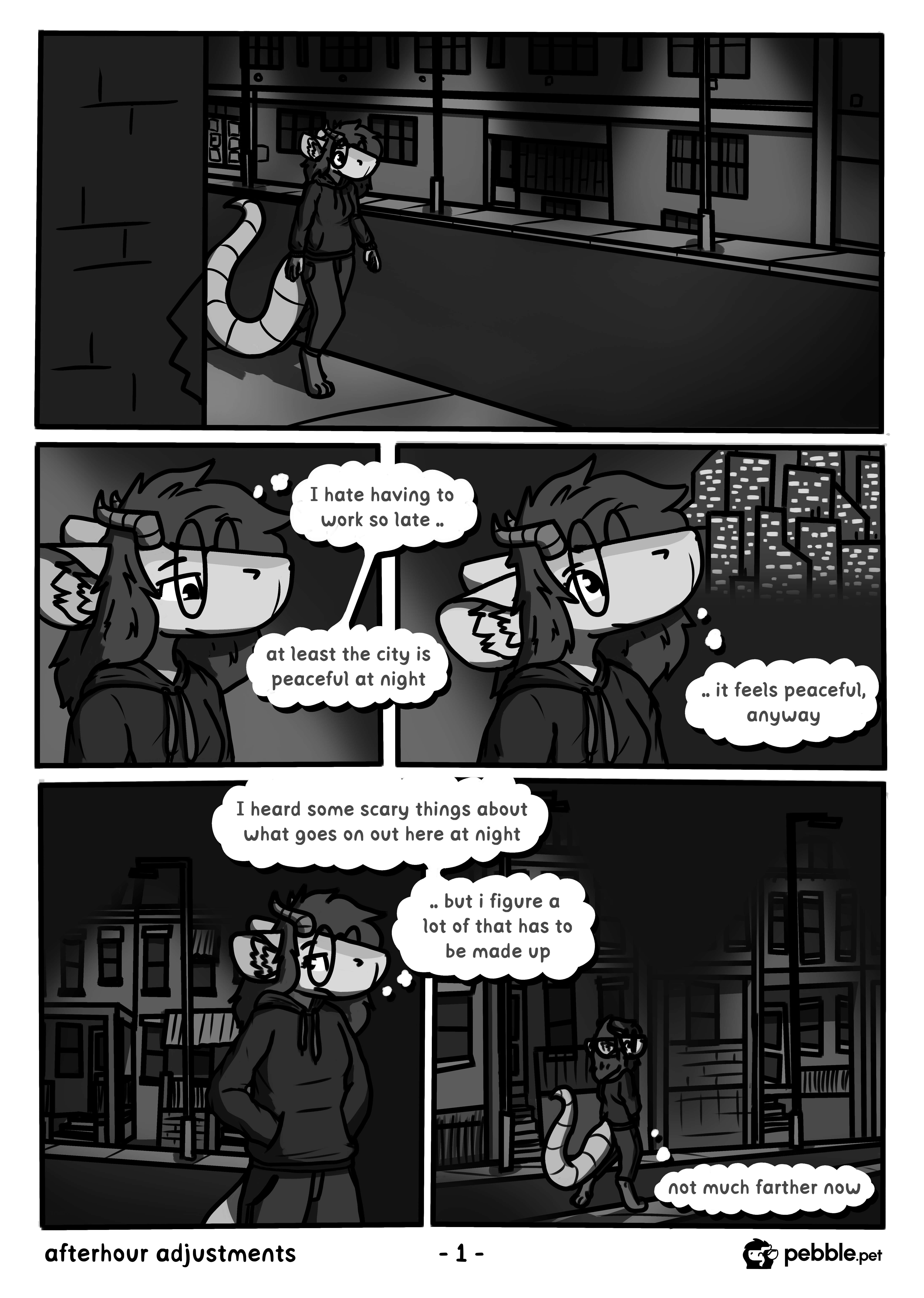 The second iteration of the first page of Afterhour Adjustment. It's much darker than the first one, taking on a sort of early 20th century detective film look. Different parts of pebble's character now have different shades, adding to the complexity.