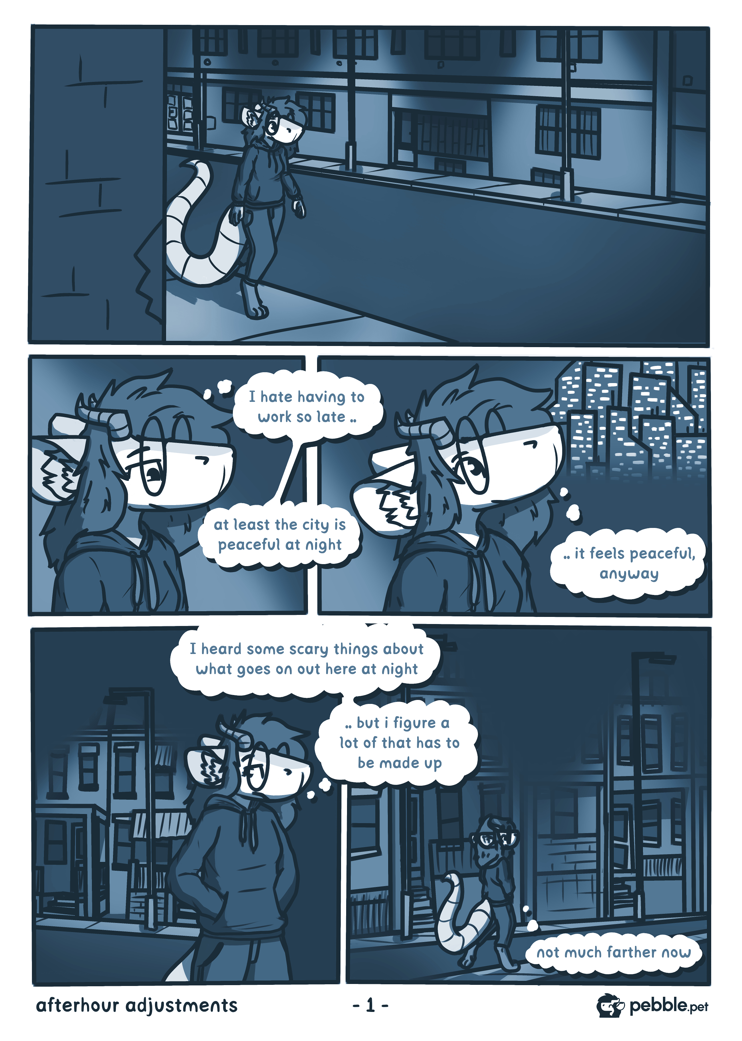 The third iteration of the first page of Afterhour Adjustment. It's the same as the second, except everything is tinted blue and the overall look is much brighter with a lot less contrast.