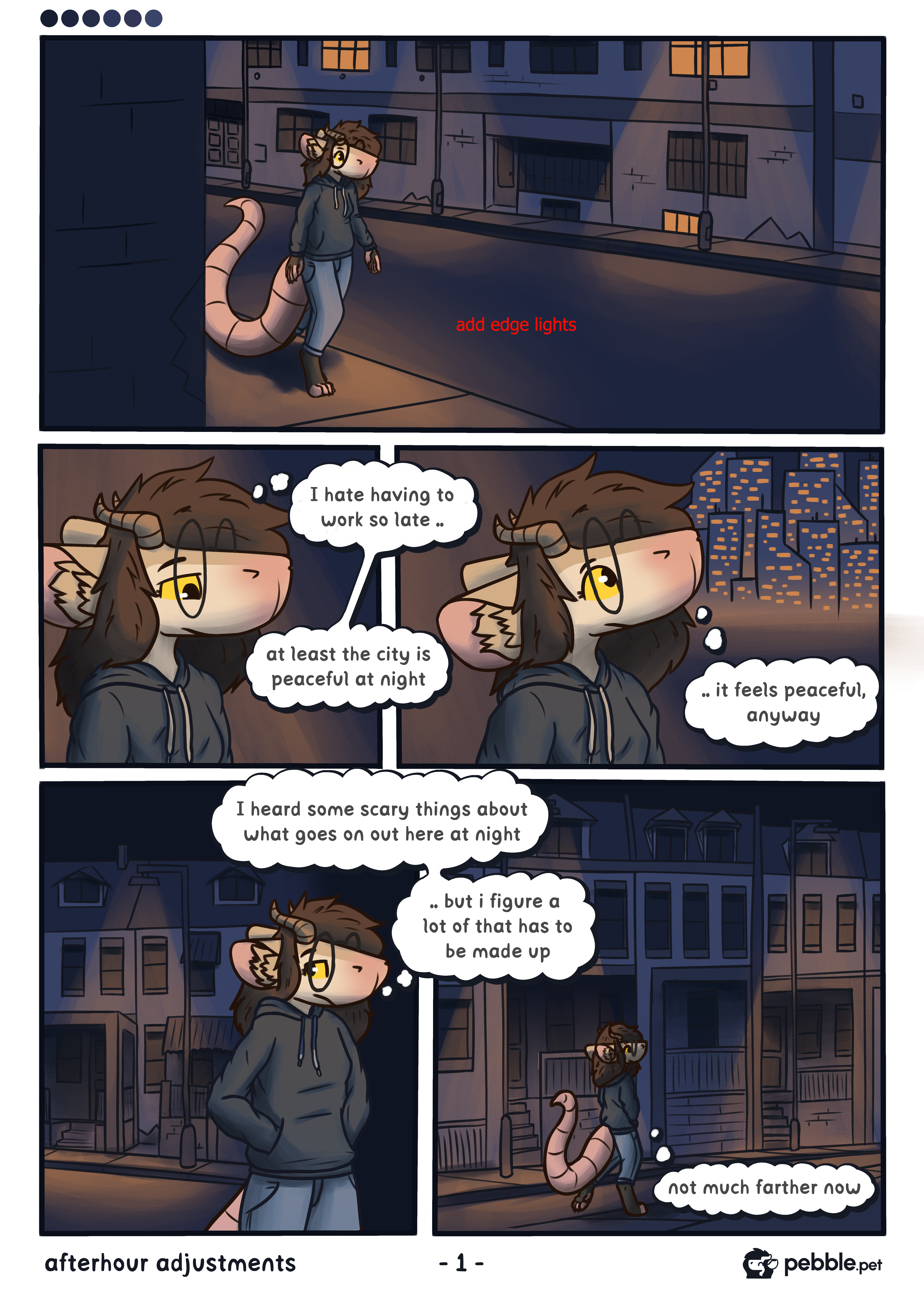 The fourth iteration of the first page of Afterhour Adjustment. The page's lines have been redrawn much thinner, adding extra details. Everything now has colors, making use of different shades of blue and orange. The character is now soft shaded instead of cel shaded.