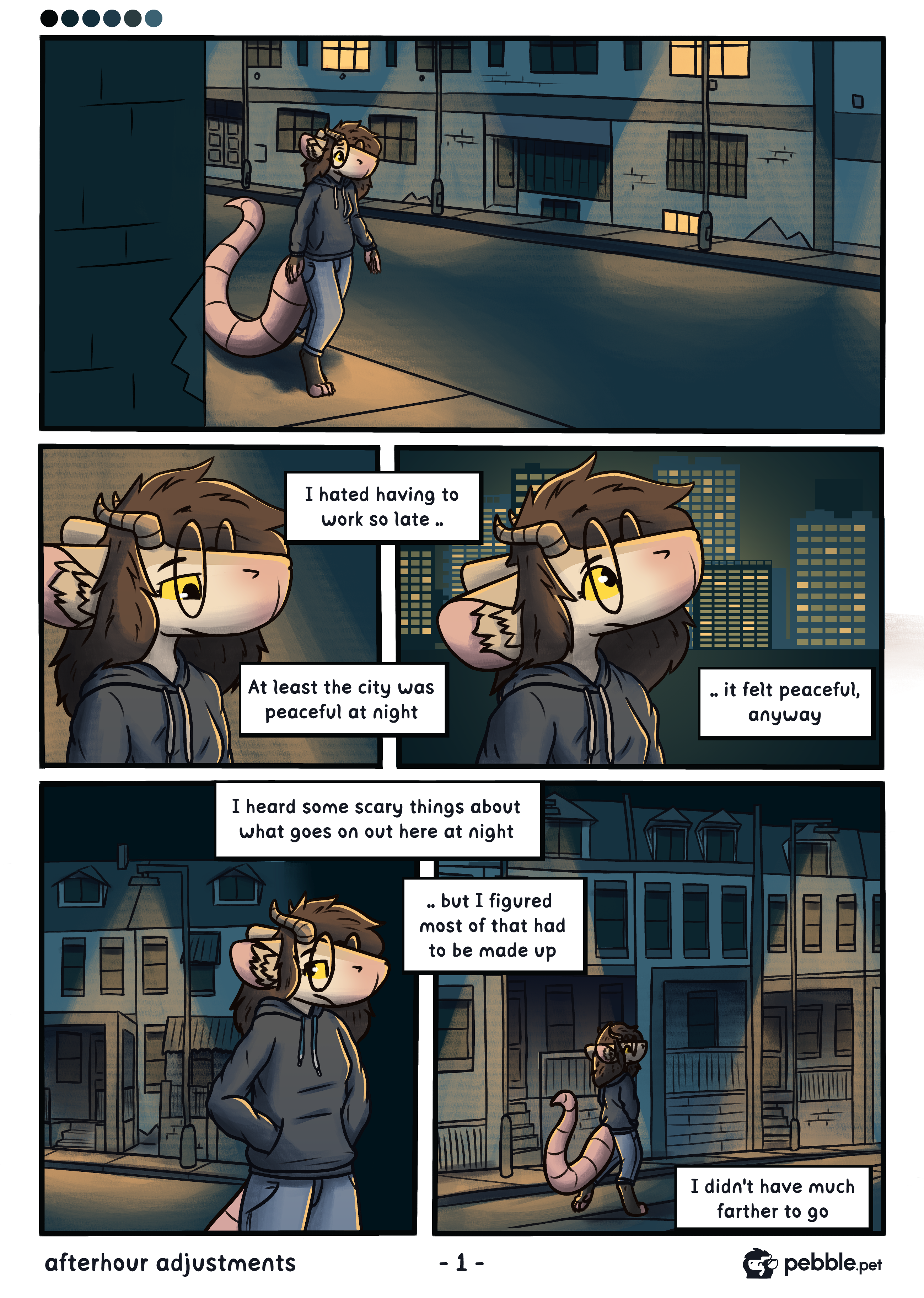 The fifth iteration of the first page of Afterhour Adjustment. It's almost the same as the previous one, except the colors are more cyan and yellow than blue and orange. Also, the character pops out against the background more because of the new rim lighting. Lastly, the thought bubbles from the previous pages were replaced with narrative rectangles.